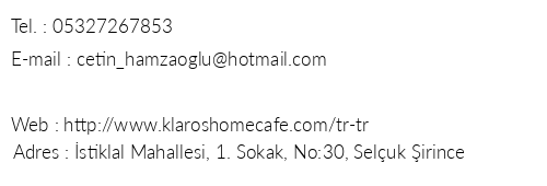 Klaros Home & Cafe telefon numaralar, faks, e-mail, posta adresi ve iletiim bilgileri